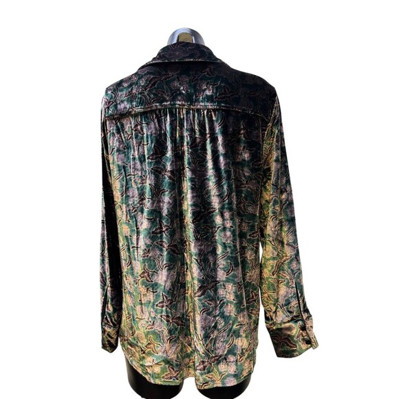 NWT Faherty Stretch Silk Velvet Print Blouse Green Size M - Picture 2 of 6